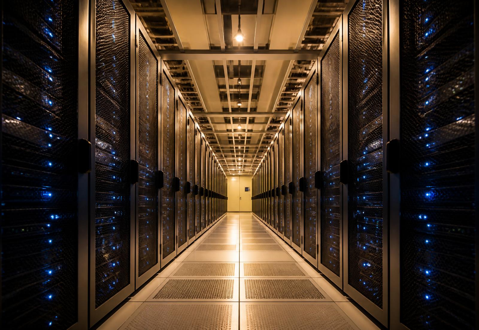 Corridor of illuminated server racks inside a modern data centre