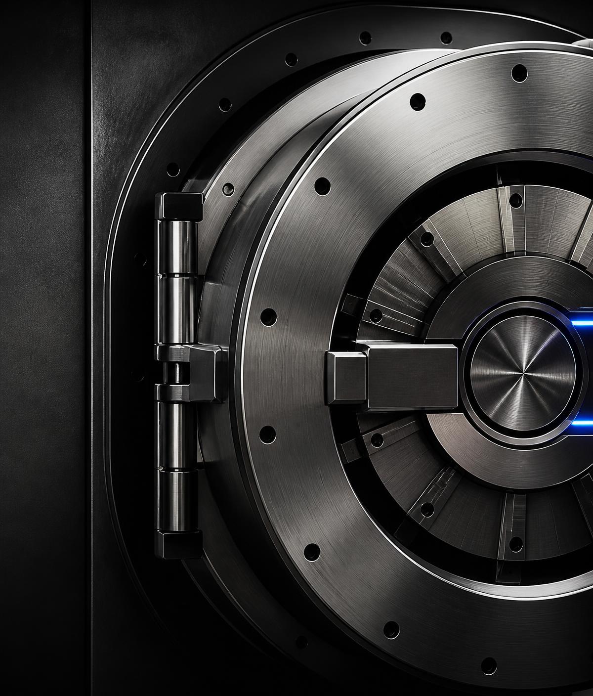 Close view of a brushed steel vault mechanism with machined detailing